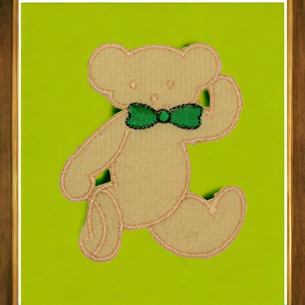 Vintage Teddy Bear Cream Green Bowtie Waving Iron On Patch Applique